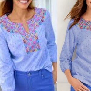Talbots Light Blue Blouse with Multicolor Embroidery